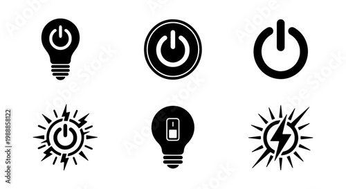 Minimalist power button and light bulb icon set, black energy efficiency symbols, 6 vector elements for electrical technology and sustainability