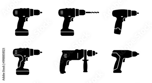 Electric power drill icons set, black cordless screwdriver silhouettes, 6 industrial construction tool vectors for hardware store branding