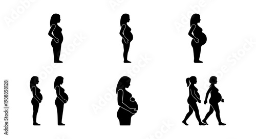 Pregnant woman silhouette set, pregnancy stages and maternity cycle icons. Black female body evolution during gestation, prenatal health vector collection.