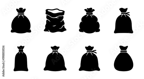 Sack silhouette icons set, 8 black bag vector elements for agriculture and storage, burlap pouch and money bag graphics for logistics and retail