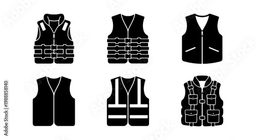 Safety vest icon set, black silhouette life jacket and high visibility workwear vectors, 6 protective clothing elements for industrial security