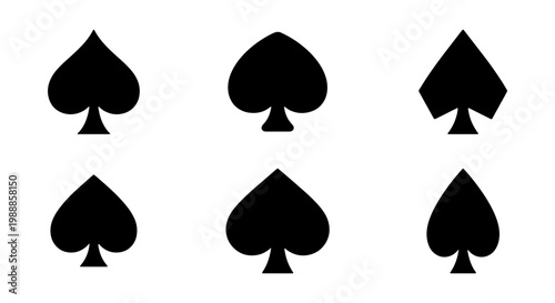 Black spade suit icons set, collection of 6 playing card spade symbols, minimalist gambling vector elements for poker and casino design
