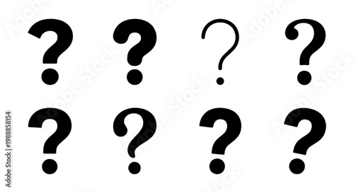 Minimalist question mark icon set, black interrogation symbols on white background, collection of 8 vector punctuation marks for help and support