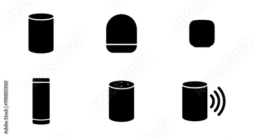 Smart speaker icon set, wireless voice assistant device silhouettes, 6 modern home automation technology vectors for smart home interface design