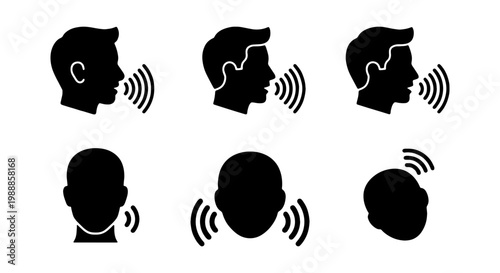 Voice recognition icons set, human head profile with sound waves, speech command and audio control symbols, black vector silhouette graphics