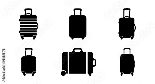 Travel luggage icon set, black suitcase silhouettes for tourism and vacation, 6 vector baggage elements for airport and trip planning
