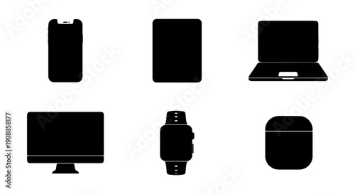 Minimalist electronic device silhouettes, black digital gadget icons including smartphone and laptop, modern technology hardware vector set