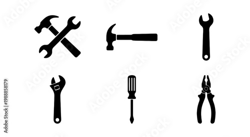 Black construction tool silhouettes, set of 6 repair equipment icons, hammer and wrench vector graphics, industrial hardware maintenance symbols
