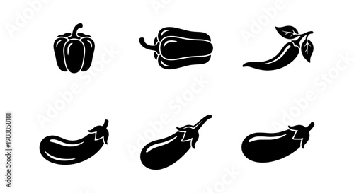 Minimalist vegetable icon set, black silhouette bell pepper and eggplant vector illustrations, 6 organic farm produce elements for menu design