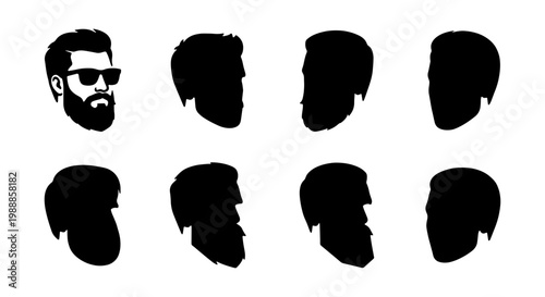 Bearded man head silhouettes, set of 8 male profile icons with facial hair and sunglasses, masculine grooming and barber shop vector graphics