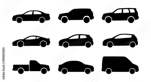 Black car silhouettes collection, 9 automotive vehicle icons in side view, minimalist transport vector set for traffic and logistics design