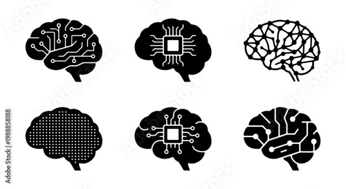 Artificial intelligence brain icons set, neural network and machine learning vector symbols, digital human mind with circuit board and microchip