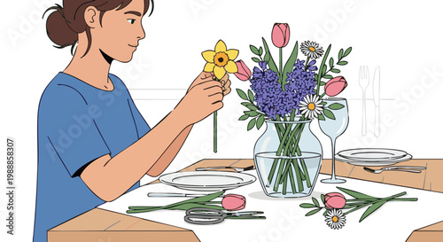 Woman arranging colorful spring flowers in vase for dinner party table setting