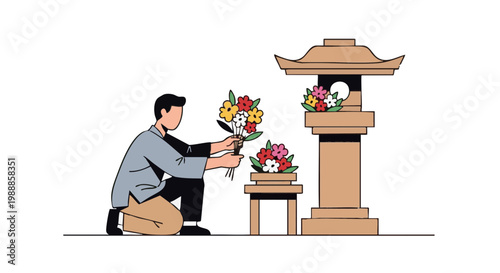 Man kneeling while placing colorful flowers on traditional stone shrine. Vector illustration for remembrance and tradition