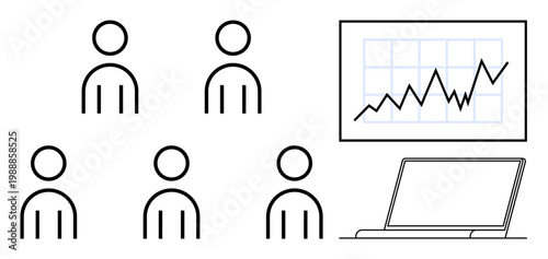 Business strategy, market analysis, team collaboration, leadership, technology, workplace productivity. Five people icons, growth chart laptop. Business strategy and market analysis concept