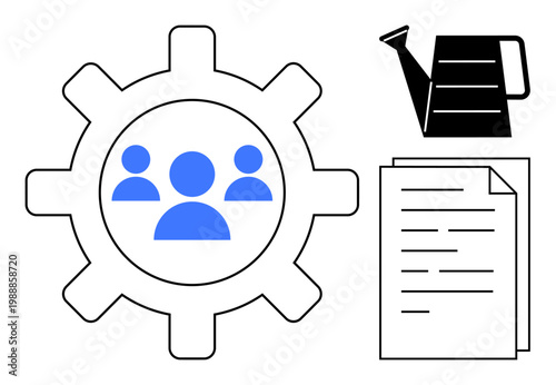 Teamwork, productivity, business planning, resource management, human resources, growth strategy. Gear with people icon, watering can and document. Teamwork and productivity concept