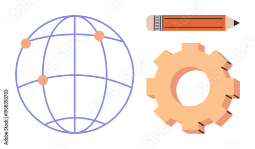 Innovation, education, teamwork, global business, technology solutions, collaboration. Globe with connected points, gear pencil. Innovation and education concept with global reach and technology