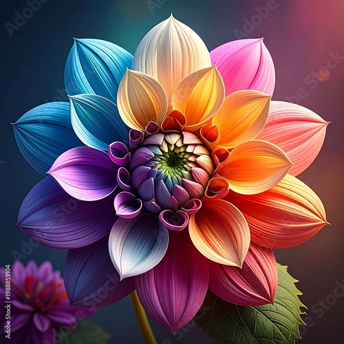 A vibrant, large dahlia unfolds its rainbow petals. Center details, intricate arrangement against a dark backdrop. A smaller, out-of-focus flower is visible