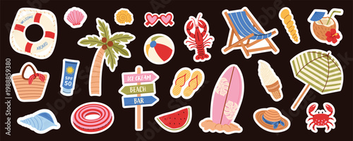 Cute summer beach sticker set with tropical vacation elements. Summer season party stickers collection isolated on black background. Vector illustration.