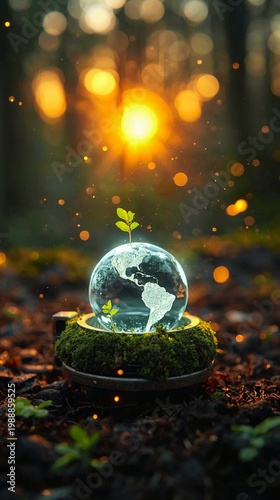 The Earth in Nature's Embrace: A delicate glass sphere representing the Earth, cradled within a mossy embrace, with a tender sprout emerging, all under the warm glow of the sun.