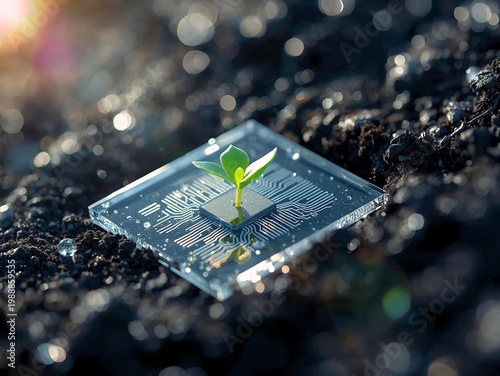 Digital Growth: A juxtaposition of technology and nature, featuring a young plant sprouting from a computer chip, symbolizing innovation and sustainable development.