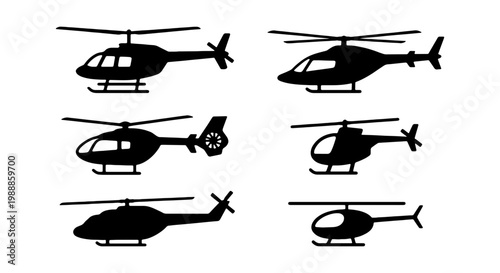 Helicopter silhouette set, 6 black aircraft icons, aviation transport vector elements