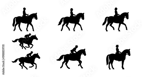 Equestrian horse rider silhouettes, 6 dressage and racing icons, black stallion vector