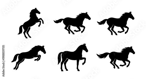 Running horse silhouette set, 6 black stallion vector icons, galloping equine animals