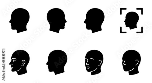 Human head silhouette icons, facial recognition profile set, 8 male avatar vector signs