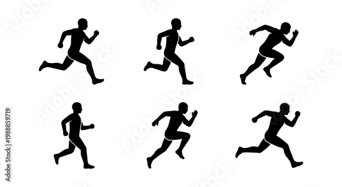 Running man silhouette set, 6 athlete motion poses, black sprinter vector icons