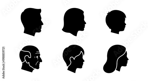 Human profile silhouette set, 6 people head icons, family member avatar vector graphics