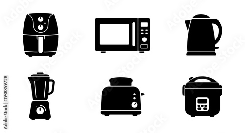 Kitchen appliance icon set, black household electronics, 6 vector cooking equipment icons