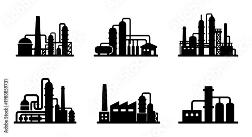 Industrial factory icons set, black refinery plant silhouettes, 6 vector oil symbols