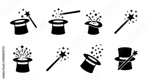 Magic hat and wand icons, 8 black magician vector elements, circus performance symbols