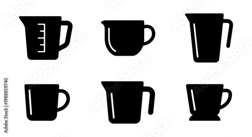 Measuring cup icons set, black kitchen pitcher silhouettes, 6 cooking vector elements