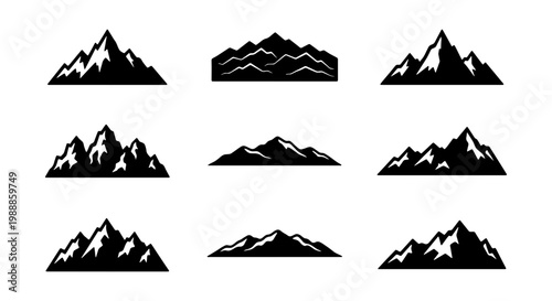 Minimalist mountain peaks, 9 black silhouette icons, outdoor adventure vector set