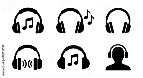 Headphones icon set, black music headset vector symbols, audio equipment silhouettes