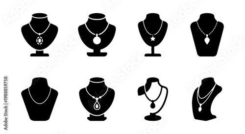 Jewelry mannequin bust icons, necklace display stand vector set, black jewelry silhouettes