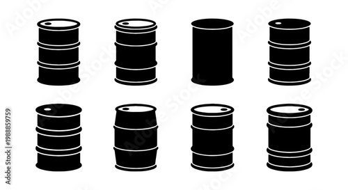 Black oil barrel icons set, industrial metal drum silhouettes, 8 vector fuel canisters