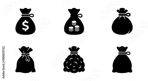 Money bag icon set, black sack vector elements, 6 finance and currency pouch symbols