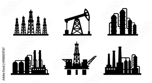 Industrial oil rig icons, 6 black factory silhouettes, petroleum refinery vector set