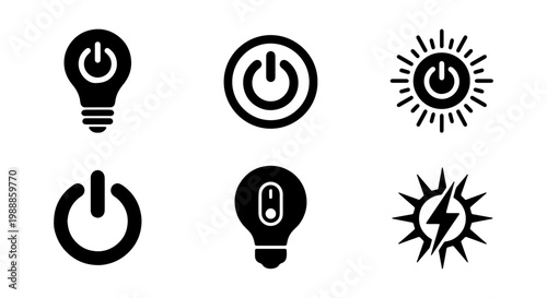 Energy power button icons, 6 black light bulb and sun symbols, electric switch vector set