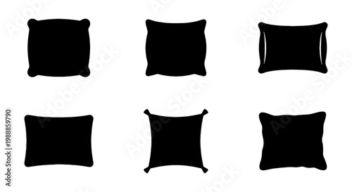 Pillow silhouette icons, black cushion vector set, soft bedding shapes for home decor