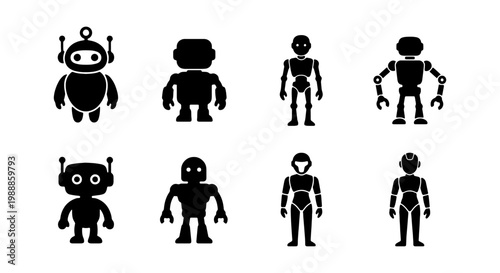 Robot silhouette icon set, 8 futuristic android vector elements, black cyborg characters