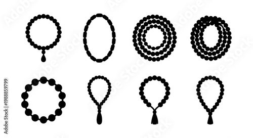 Black prayer beads icon set, 8 religious rosary vector silhouettes, spiritual jewelry