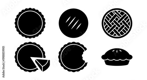 Minimalist pie icon set, black bakery dessert vectors, 6 sweet pastry food symbols