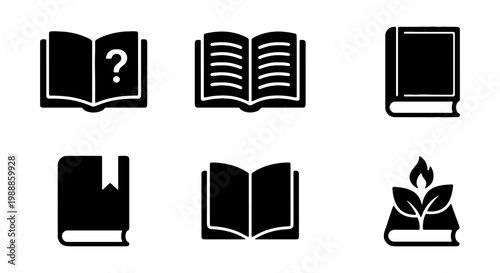 Minimalist book icon set, 6 black solid education symbols, library and reading vectors