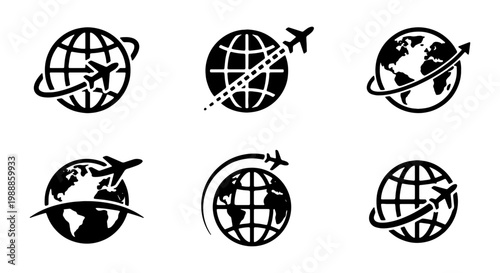 Global travel icons set, airplane flying around world globe, 6 flight route vector signs