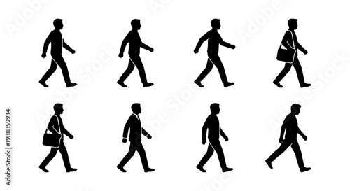 Walking man silhouette set, businessman character animation frames, 8 vector icons