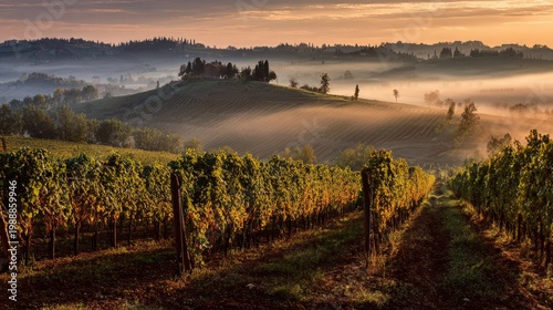 nebbiolo. Nebbiolo vineyard on Piedmont hills at sunrise with morning mist over grapes. menu design, packaging mockups, designed for culinary blogs and recipe cards for restaurants.
